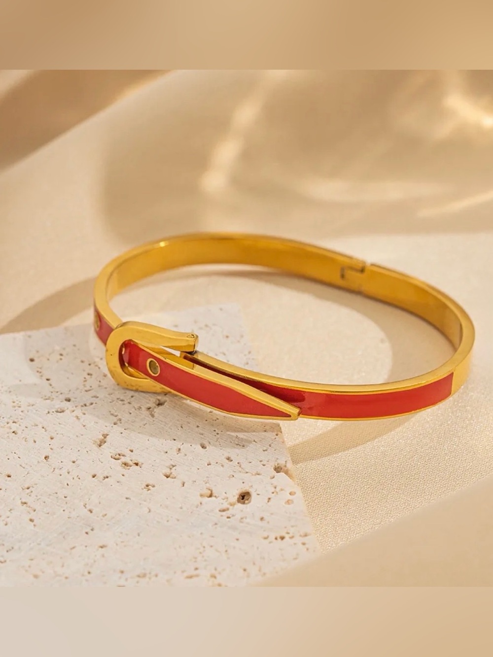 Gold Tone Red Enamel Belt Buckle stainless steel Bangle Bracelet